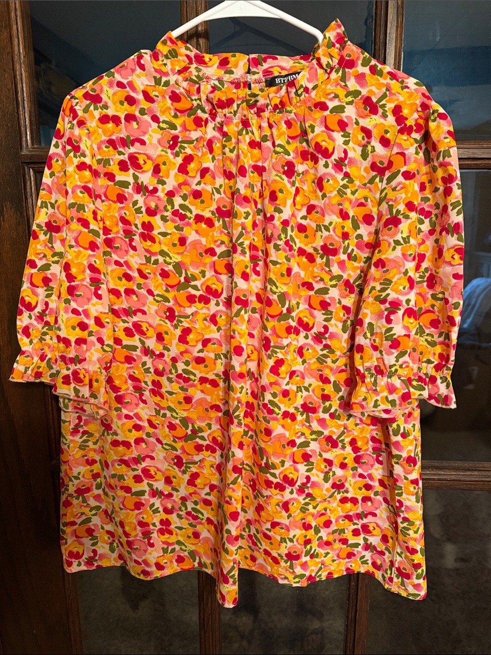 BTFBM XL Pink Orange Floral Mock Neck Ruffle Short Sleeve Blouse Top Cottagecore